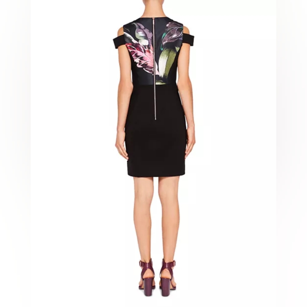 Black Floral Cold-Shoulder Sheath Dress - Picture 11 of 13
